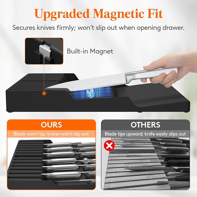 Lifewit Magnetic Drawer Knife Organizers Insert Pastic for 12 Knives, Black | Kitchen Plastic In Drawer Knife Block Slots, Steak Chefs Knives Holder Storage for 12 Knives and 1 Sharpening Steel 16.5" - Image 5