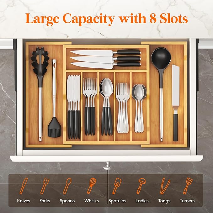 Lifewit Silverware Drawer Organizer, Wooden Utensil Tray for Kitchen | Expandable Flatware and Cutlery Holder, Adjustable Storage for Spoons Forks Knives, 13-22x15", Natural - Image 2