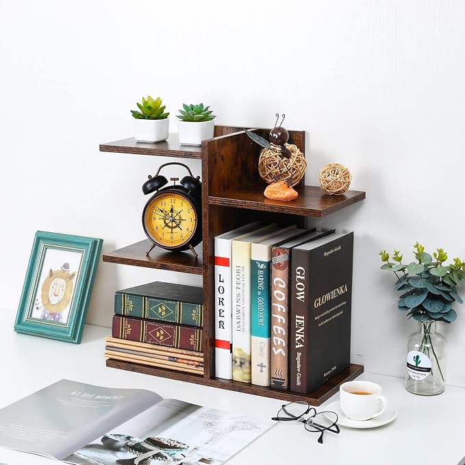 Wood Desktop Shelf Small Bookshelf Desk Supplies Organizers and Accessories Storage Display Rack Office Decor for Women, Antique Brown - Image 2