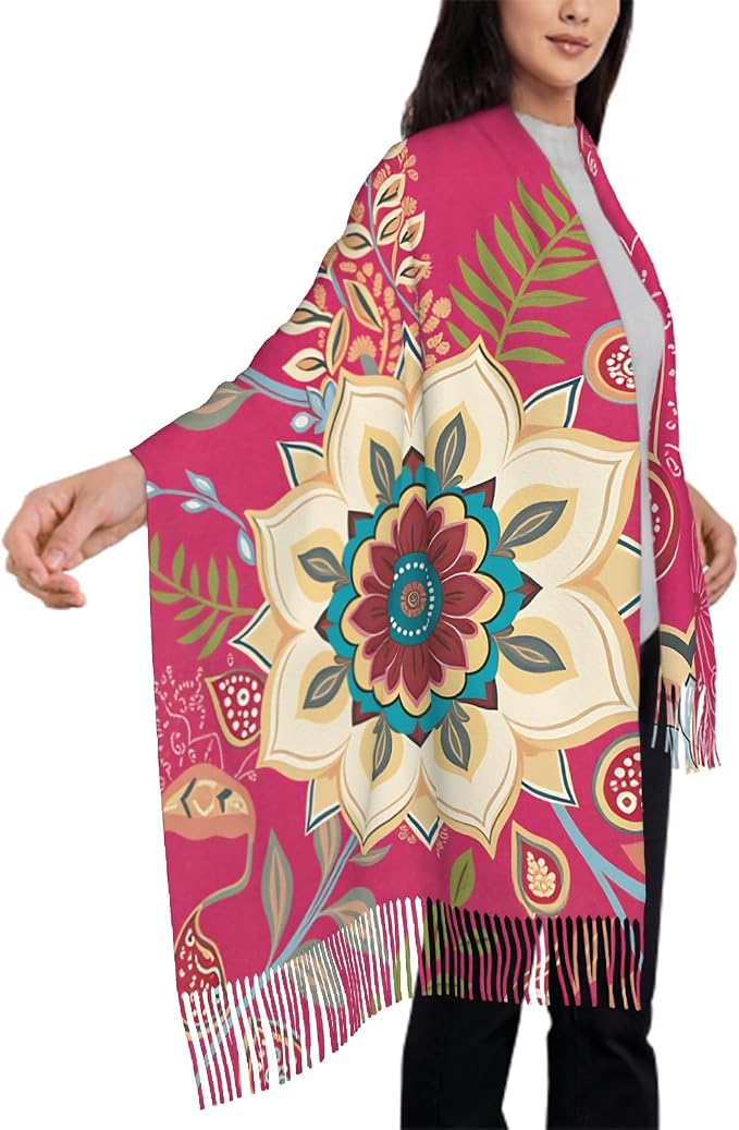 IBILIU Oversize Scarf for Women Floral Flower Purple Prune Color Scarf Tassel Scarves Fall Winter Shawl Wraps - 77.6 x 28.3in - Image 4