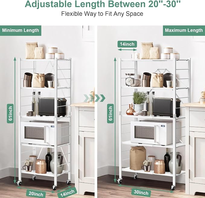 Himix 5-Tier Foldable Storage Shelves with Wheels Expandable Kitchen White | Folding shelving units, Metal collapsible organization, Changeable into 2 shelf units, Garage, Adjustable, Holds 2400 Ibs - Image 2