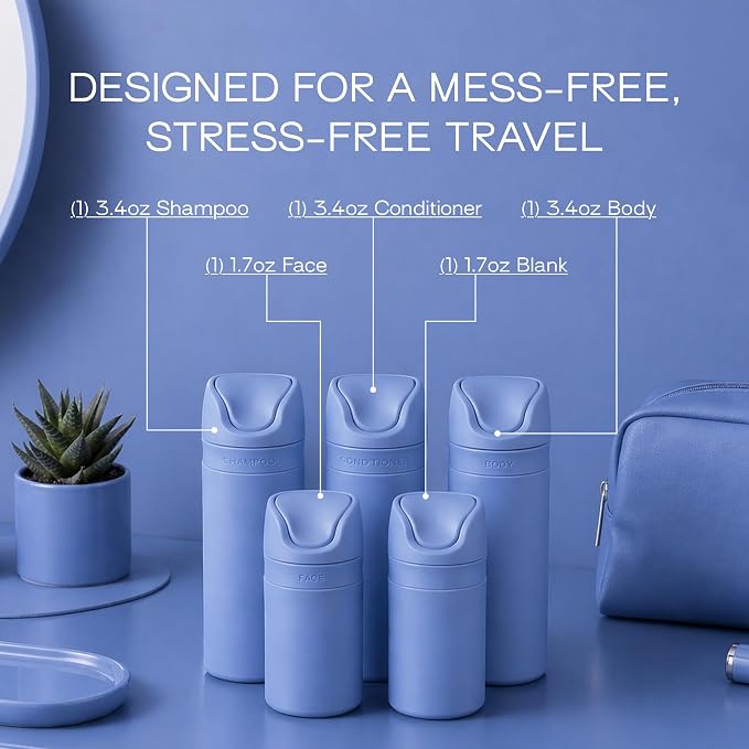 RIES Travel Bottles for Toiletries | Travel Size Containers | 5 Pack | Tsa Travel Bottles | Shampoo and Conditioner Leak Proof with Airless Pump | BPA Free Recycled Plastic & Dishwasher Safe - Image 7