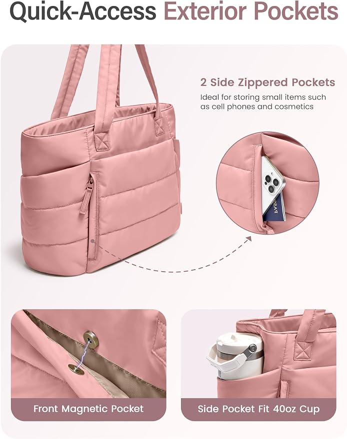 Uselike Tote Bag for Women with Zipper, Quilted Puffer Tote Bag with Compartments, Lightweight Puffy Work Bags for Women - Image 4