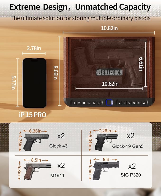BILLCONCH Smart Gun Safe for Handgun with Fingerprint, App & Security Cable | Biometric Gun Safe 4 Ways Quick Access Built-in LED Light, Ideal Handgun Safe for Nightstand and Home - Antique Bronze - Image 3