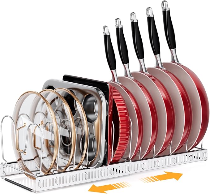 MUDEELA Expandable Pot Pan Lid Organizers inside Cabinet, 12 Divider-Silver | Expandable 11.8–22.9", 12 Adjustable Divider, Tool-Free Assembly, Non-Slip, Scratch-Proof, For Pan Lid Cutting Board Bakeware by MUDEELA