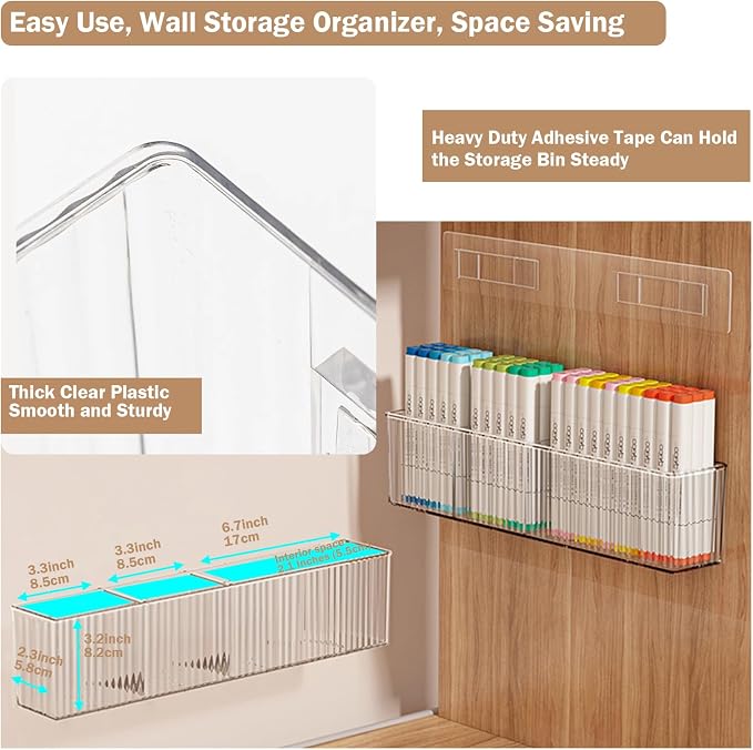 2Pack Wall Mount Pen Holder,Marker Stationery Organizer,Makeup Storage | No Drill,Heavey Duty Adhensive Tape, Clear Wall Storage for Office, Medicine Cabinet Door Organizer Storage, Floating Shelves - Image 3