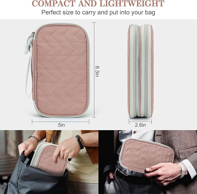 FYY Electronic Organizer, Travel Tech Pouch Bag, Medium, Pink Quilted | Wrist Strap, Waterproof, Double Layers Portable Electronics Travel Carrying Case for Cord, Charger, Daily Business Trips Use - Image 2