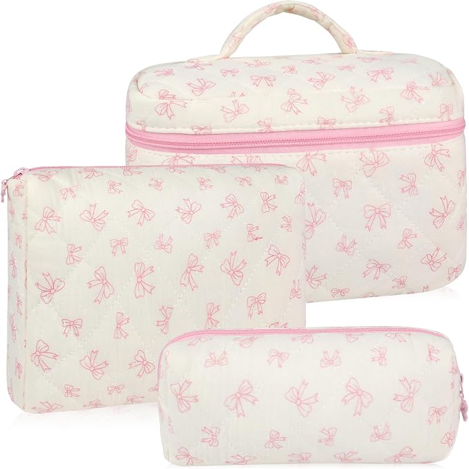 URSKYTOUS 3Pcs Makeup Bag Quilted Cotton Cosmetic Bags for Women Large Small Pink Bow Makeup Pouch Set Cute Coquette Floral Travel Bags Portable Skincare Toiletry Bag Vintage Puffy Essential Organizer by URSKYTOUS