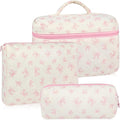 URSKYTOUS 3Pcs Makeup Bag Quilted Cotton Cosmetic Bags for Women Large Small Pink Bow Makeup Pouch Set Cute Coquette Floral Travel Bags Portable Skincare Toiletry Bag Vintage Puffy Essential Organizer by URSKYTOUS