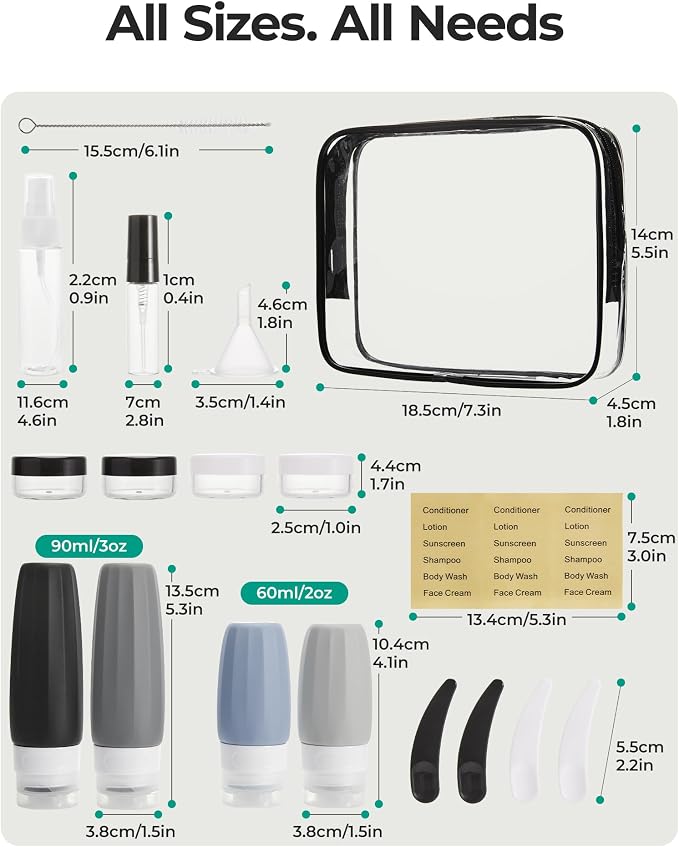 BAGSMART 18 Pack TSA Approved Travel Bottles for Toiletries, Leak Proof Silicone Travel Size Containers Bottles for Shampoo, Grey - Image 6