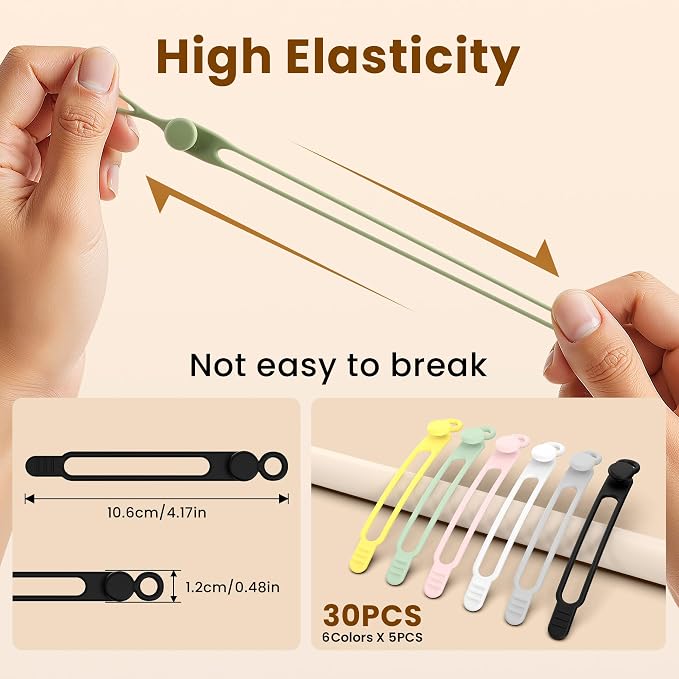 30 Pcs Silicone Cable Ties, Reusable Data Cable Organizer for Home Office | High Elastic, Multipurpose, Cable Management for Charging Cord, Electronics, Computer, Appliances, Travel Essentials - Image 2
