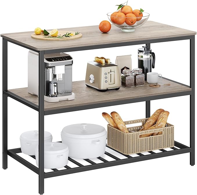 VASAGLE Kitchen Island with 3 Shelves, 47.2 Inches Width Kitchen Shelf with Large Worktop, Stable Steel Structure, Industrial, Easy to Assemble, Greige and Black UKKI001B02 by Unknown