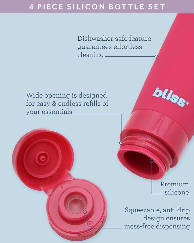 Bliss Travel Bottles Set TSA Approved Leak-Free Refillable Toiletries | Soft, Durable Containers Compress and Rebound Easily, Includes Spray Options for Toners and Mists, Carry-On Ready - Image 4