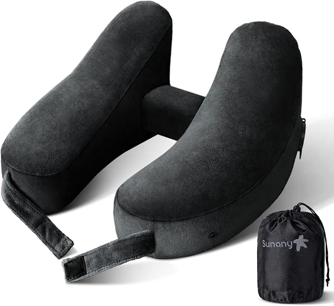 Sunany Travel Neck Pillow for Airplane Pillow Comfortably Supports Head, Neck and Chin, Inflatable Travel Pillow with Soft Velour Cover and Portable Drawstring Bag (Black, H-Shape) by Sunany