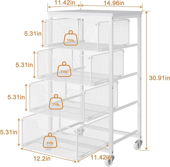 4-Tier Kitchen Storage Cart - Fruit Vegetable Storage Cart with Drawers, Wooden Top Metal Wire Kitchen Organizer and Storage Cart with Wheels to Storage Onions Potatoes Cans Snacks for Kitchen - Image 7