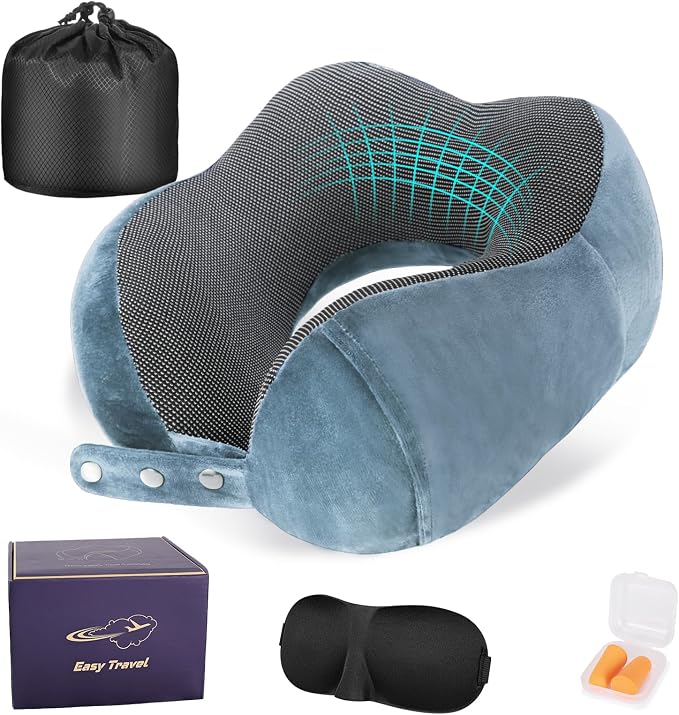 Cirorld Neck Pillow for Traveling, Travel Pillows for Airplanes,100% Pure Memory Foam Travel Neck Pillow, Adjustable Flight Pillow, Portable Plane Accessories with Eye Mask, Earplugs, Carry Bag by CIRORLD