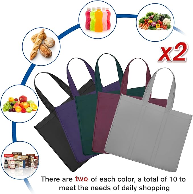 Reusable Grocery Shopping Bags 10 Pack Large Foldable Tote Bags Bulk | Eco Produce Bags with Long Handle for Shopping Groceries Clothes (5 Assorted Colors) - Image 5