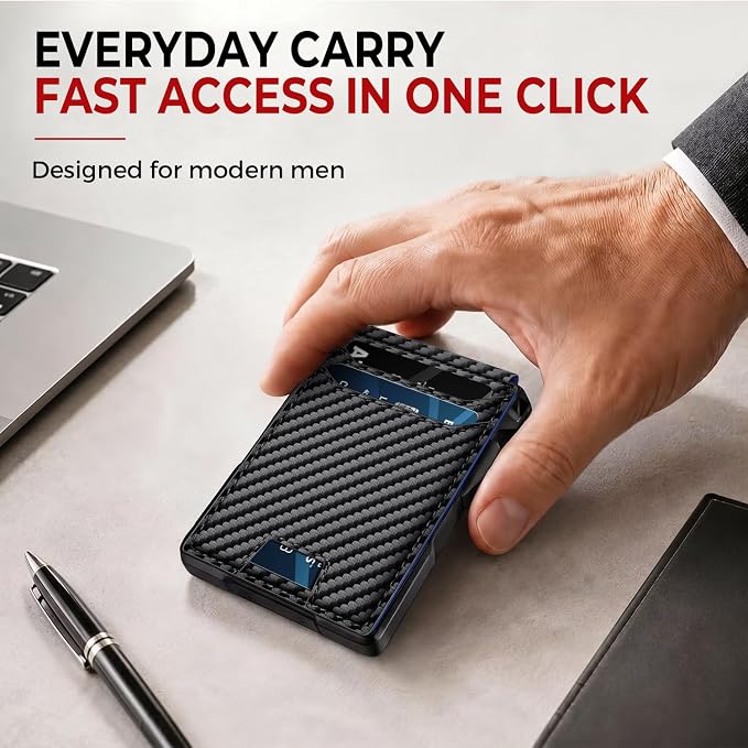 RUNBOX Wallet for Men, Mens Minimalist Wallet Holds 14 Cards, Compact Pop Up Wallet with Dual ID Windows & Money Clip, RFID Blocking Flip Up Card Holder, Metal Aluminum Credit Card Case Bifold Wallet - Image 2
