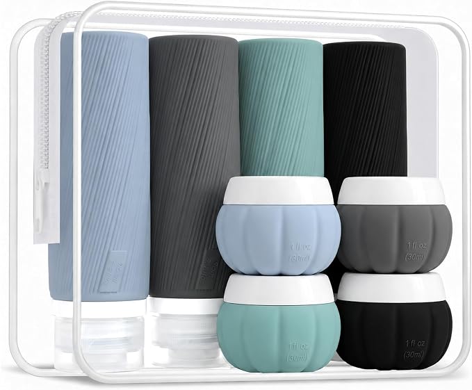 Redfly TSA Approved Leak Proof Travel Bottles for Toiletries, 13-Piece | Travel Size Containers, BPA-free silicone, clear toiletry bag, under 3.4oz, wide mouth,travel essentials for shampoo, lotion by Redfly