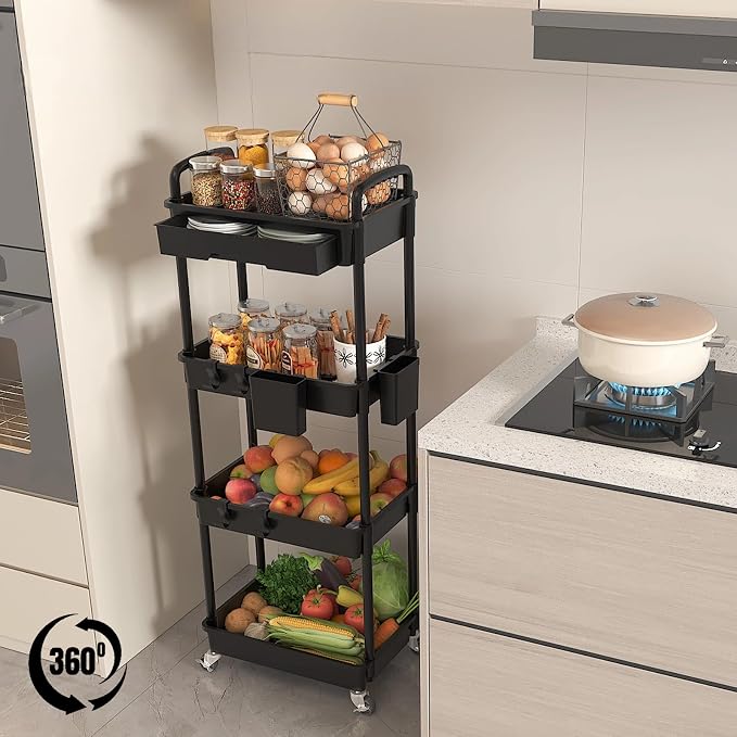 4 Tier Rolling Utility Cart with Drawer, Plastic Storage Organizer Rolling Carts with Wheels Handles Hanging Cups Hooks for Office, Bathroom, Kitchen,Craft Art Room (Black) - Image 4
