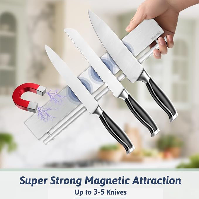12 Inch Magnetic Knife Holder for Wall - Stainless Steel Magnet Knife Strip No Drill with 5 Hooks/Adhesive Tape/Screws, Kitchen Utensil Holder, Magnetic Knife Organizer, Wall Mounted Knife Storage - Image 4