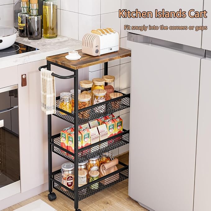Slim Rolling Cart 4 Tier Narrow Storage Cart on Wheels with Handle | Lockable Wheels, Wood Top Panel, Metal Frame Utility Carts for Kitchen, Dining, Living, Home Office, Laundry Room - Image 2