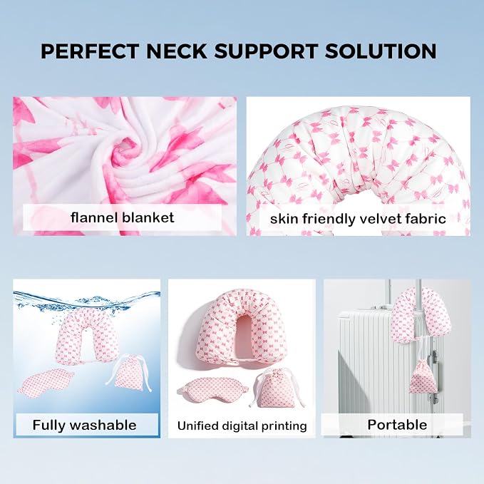 Travel Pillow with Detachable Flannel Blanket & Eye Mask – Plush Velvet Neck Support Pillow for Airplane,Car,Office Rest,Coordinated Digital Print Set (Pink Bow, 50in * 60 in) - Image 2