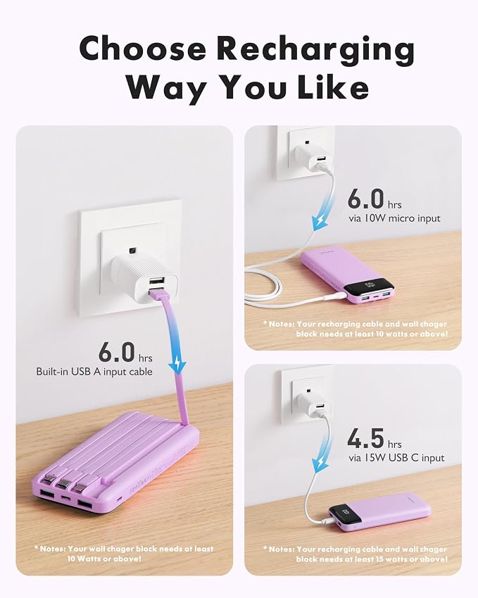 charmast Portable Charger Power Bank with Reinforced Built-in 4 Cables | 10000mAh,6 Outputs 3 Inputs,Travel Essentials,Carry-on Only,3A Fast Charging Portable Phone Charger for iPhone Samsung Pixel - Image 4