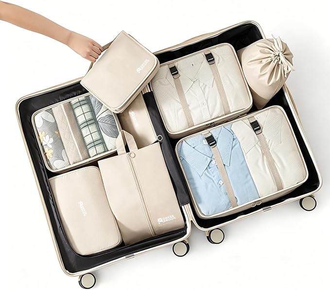 8 Set Packing Cubes for Travel Essentials With Hanging Toiletry Bag for Women, Lightweight Suitcase Organizer Bags with Mackup bag, Carry-On Luggage Accessories (Beige) - Image 5
