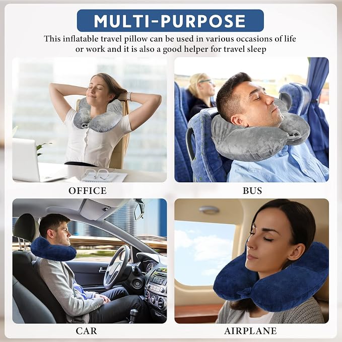 Sintuff 2 Pack Inflatable Travel Pillow for Airplanes Inflatable Neck Flight Pillows with Compact Bag and Blindfold for Traveling, Airplane, Train, Car, Office (Light Gray and Dark Blue) - Image 7