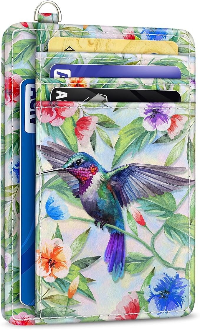 Yonlevres Hummingbird Credit Card Holder Slim RFID Wallet Women Small Cute | Front Pocket, Handy, RFID Blocking, Woman Girls Ladies Gifts, D-ring for Keychain,Thin Mini Card Case, ID Window, PU Leather by Yonlevres