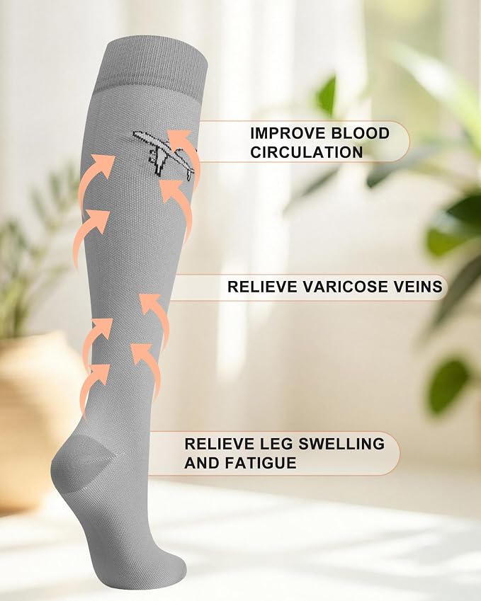 Skicuff 4 Pairs Travel Compression Socks for Women Men | 15-25mmhg Graduated Knee High Socks, Flying Support Stockings for Long Haul Flight, Nurses, Airplane, Travel, Pregnancy - Image 5