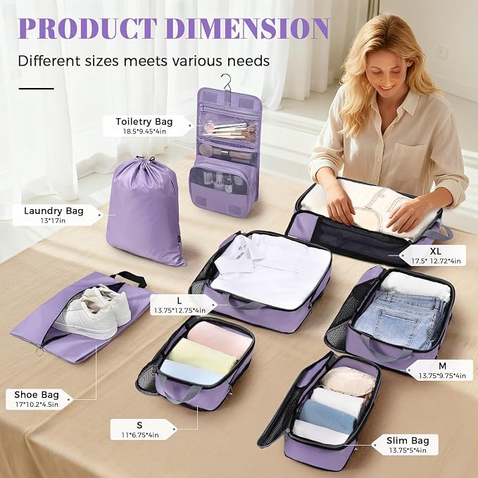 BAGAIL 4 Set/6 Set/8 Set Compression Packing Cubes Travel Accessories Expandable Packing Organizers(HalfMesh,8-Dusty Purple) - Image 2