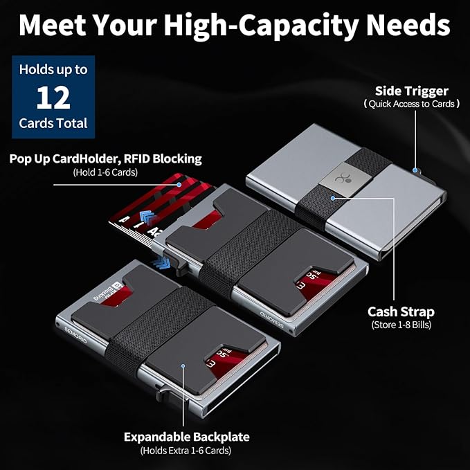 SEMORID Slim Aluminum Card Holder Wallet for Men, Durable Expandable Backplate, RFID Blocking Minimalist Metal Pop Up Wallet, Holds 12 Cards Plus Cash (Grey) | Durable Expandable Backplate Compact Smart Metal Pop Up Wallet Front Pocket Holds 12+ Cards ... - Image 2
