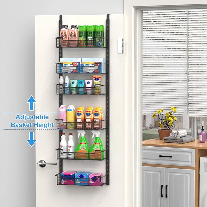 VyGrow 12.3" W Narrow Over the Door Pantry Organizer, 6-Tier Over the Door Organizer with Adjustable Basket, Pantry Door Organization for Pantry Kitchen Storage Room Spice Rack, Black - Image 2