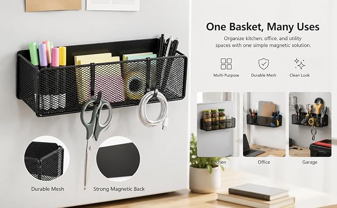 Magnetic Basket Organizer with 2 Hooks, Strong Magnetic Shelf for Fridge | Metal Mesh Storage Basket for Refrigerator, Kitchen, Garage, Office and Pegboard - Image 7