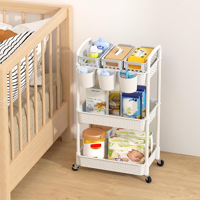 MOYIPIN 3-Tier Plastic Rolling Utility Cart with Handle,White | Utility Storage Cart for Office, Living Room, Kitchen,Movable Storage Organizer，Easy installation，Rattan-like art design - Image 3