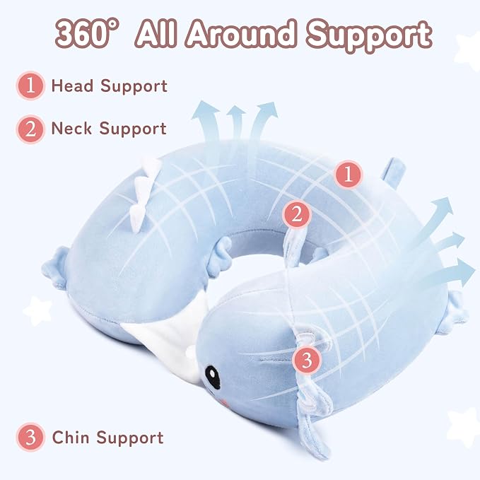 Kids Travel Neck Pillow for Ages 3-8 with Memory Foam, Blue Axolotl | Removable cover, 13 in neck size, machine washable, hidden zipper, head and chin support, car seat and airplane use - Image 4