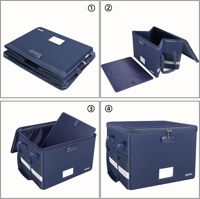 ENGPOW File Box with Lock, Fireproof Document Box with Zipper＆Pockets, Collapsible File Organizer Filing Storage Cabinet with Handle, Portable Home Office Safe for Hanging Letter/Legal Folder, Blue - Image 8