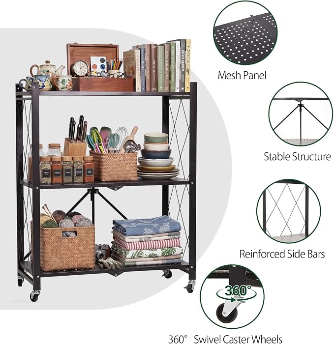 3-Tier Foldable Storage Shelf with Wheels – Heavy Duty 550 LBS Capacity, Collapsible Metal Steel Rolling Rack for Garage, Kitchen, Pantry, Office – Black - Image 3