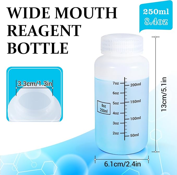 8oz Wide Mouth Plastic Bottles with Airtight Lids, Graduated Food Grade Leak Proof PP Containers Jars for Water Sample Lab Reagent Liquid Medicine Storage (Translucent, 3 Pack) - Image 2