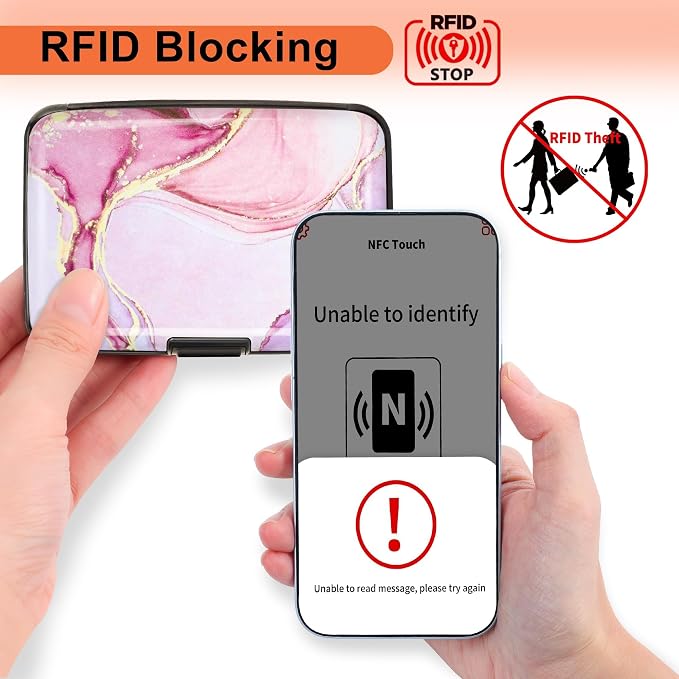 Mayski Credit Card Holder for Women RFID Blocking Wallet, Pink Marble | Card Wallets for Women Small Mini Business Metal Accordion Aluminum Alloy Hard Case for Men - Image 2