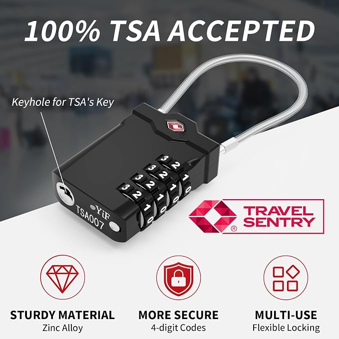 XOOL 2PCS TSA Approved Luggage Locks 4 Digit with Flexible Steel Cable, Resettable Luggage Padlock for Suitcases, Backpacks, Gym Bags & Travel Use - Image 2