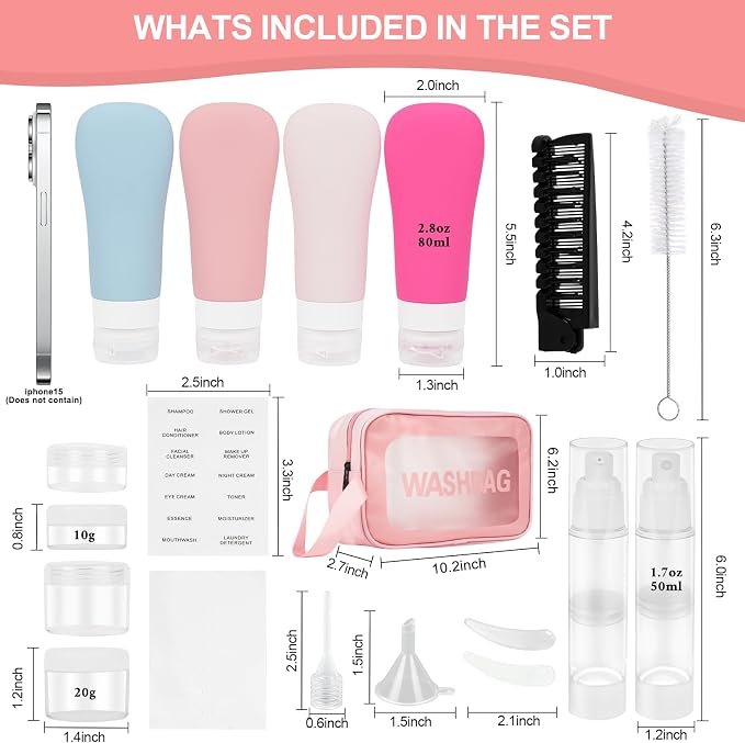 19 Pack Leak Proof Silicone Travel Bottles For Toiletries, TSA Approved Shampoo and Conditioner Containers with Tags Comb Airless Pump Jar and Wash Bag - Image 6