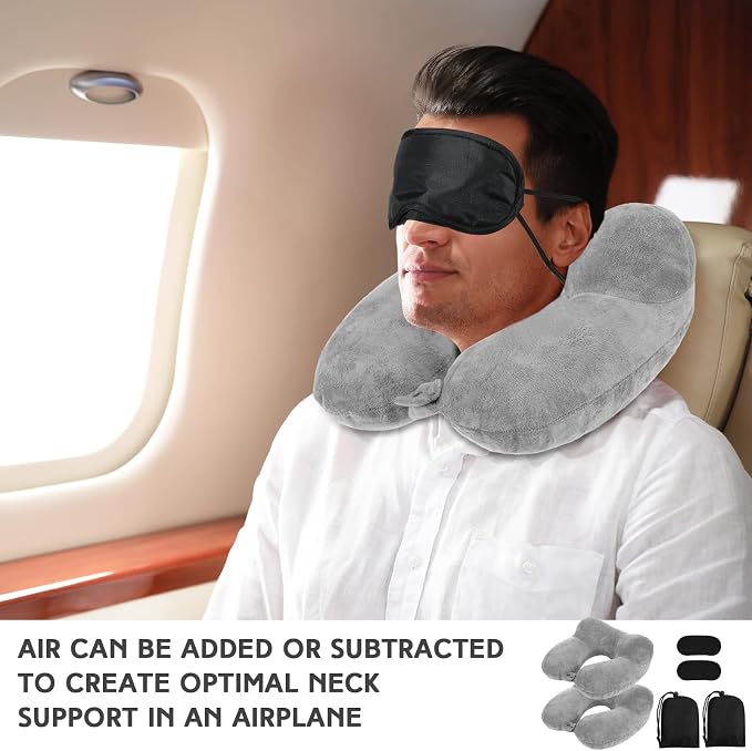 Sintuff 2 Pack Inflatable Travel Pillow for Airplanes Inflatable Neck Flight Pillows with Compact Bag and Blindfold for Traveling, Airplane, Train, Car, Office(Gray) - Image 6