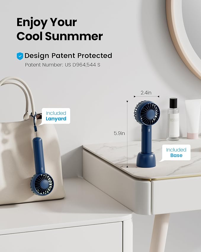 Gaiatop Mini Portable Fan, Navy Blue, Cute Design, Powerful Wind, Handheld and Desktop, Rechargeable Battery | Powerful 3 Speed with Desktop Base, Lightweight, Battery Powered for Travel Lash Makeup Girls Women Gift Navy Blue - Image 2