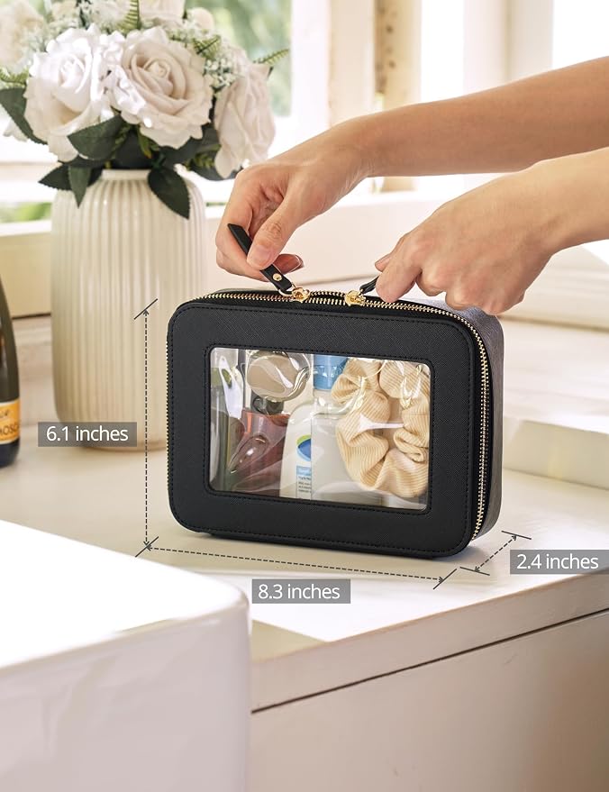 Clear Makeup Bag with Zipper, Women Travel Toilrty Bag Black Medium | Structured Clear Cosmetic Case, Car Essential Organizer Bag, Waterproof PU Leather, Dual Zipper, Wide Opening and Compact - Image 3