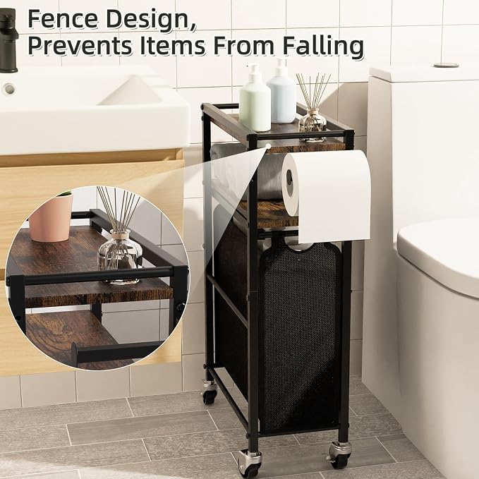 Toilet Paper Holder with Storage Bag & Wheels - Freestanding Bathroom Organizer Holds 9 Rolls for Small Spaces, Essentials Storage Beside Toilet-Brown - Image 7