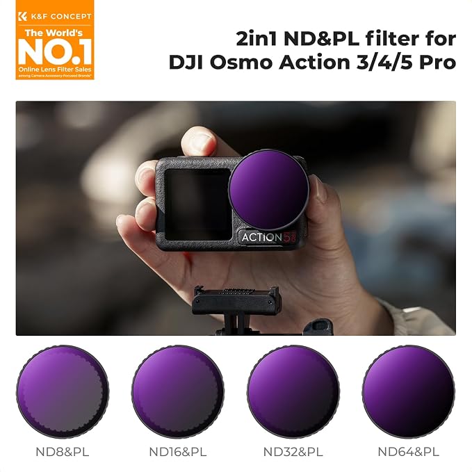 K&F CONCEPT Push-in ND/PL Filter Kit for DJI Osmo Action 3/4/5 Pro | 4 Pack ND8/PL ND16/PL ND32/PL ND64/PL Neutral Density Polarizing Reduce Glare Light Control, FD131 - Image 2