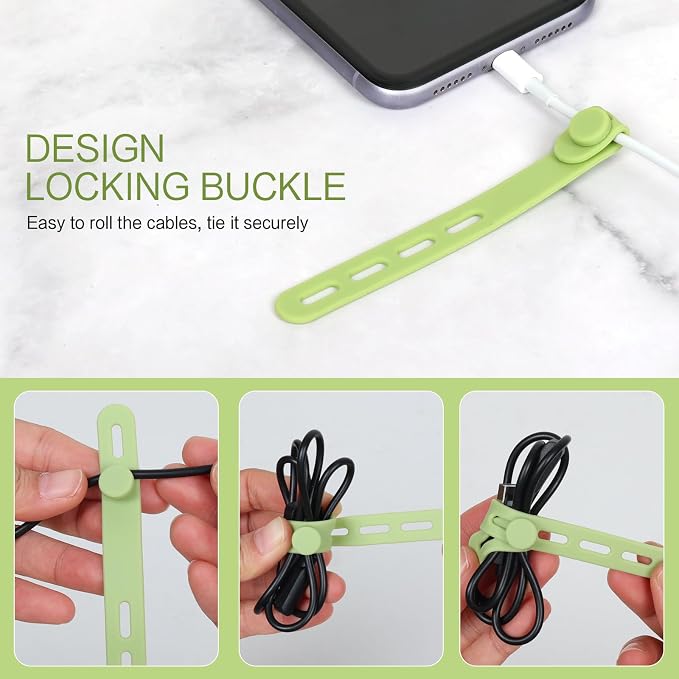 Donruby 24Pcs Silicone Cable Ties - Reusable & Washable with Locking Buckles, Adjustable Fastening Cable Management Straps, Multi-Purpose High Elasticity Cord Organizer (Matcha Green) - Image 5